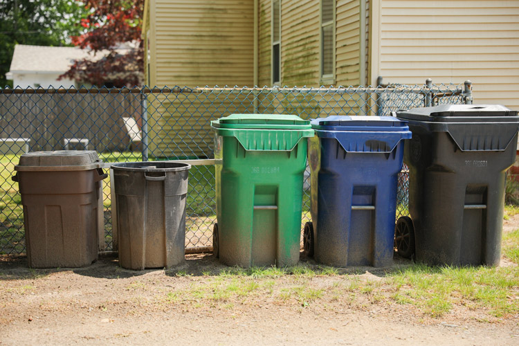 A row of garbage cans