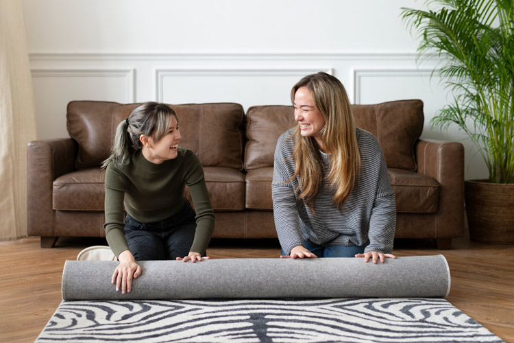 two woman rolling up carpet