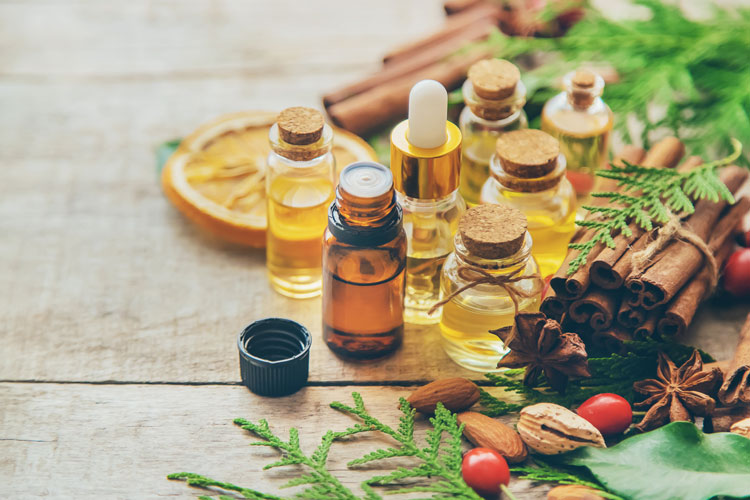 Essential oils in brown and clear bottles